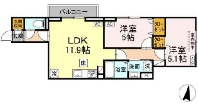 セレスティア向山(2LDK/1階)の間取り写真