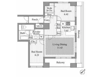 レジディア新川2(2LDK/11階)の間取り写真