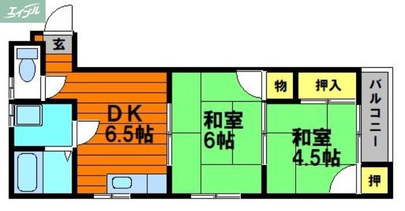 ハイネス新屋敷(2DK/3階)の間取り写真