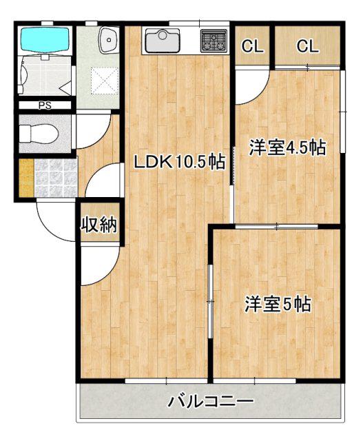 ディアス石原 C棟(2LDK/2階)の間取り写真