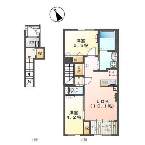 スターテラスII雀の宮4丁目アパート(2LDK/2階)の間取り写真