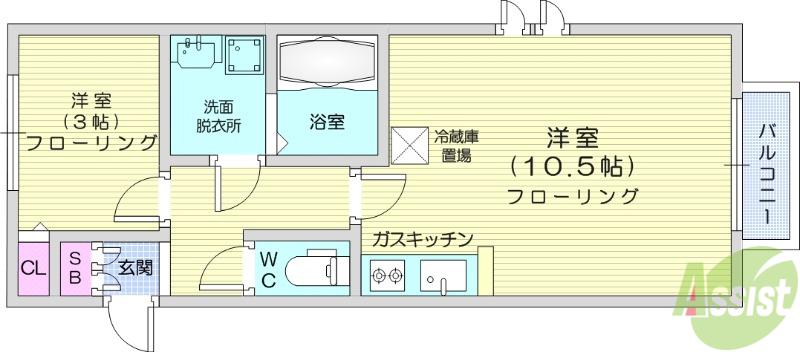 アスコット八木山弥生町(1LDK/2階)の間取り写真