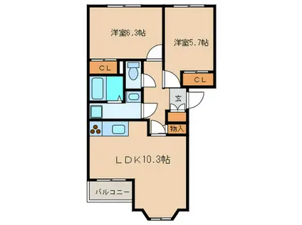 カーザ 浅野(2LDK/2階)の間取り写真