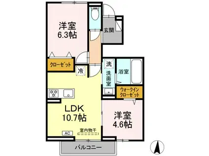 フェリーチェ B棟(2LDK/1階)の間取り写真