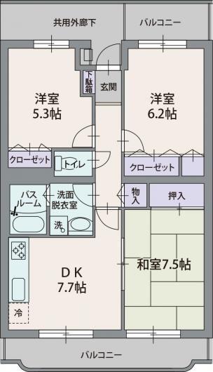 ソレアード京塚原(3DK/1階)の間取り写真