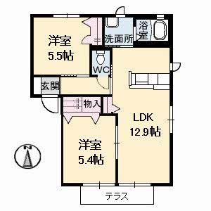 ブルメゾン B棟(2LDK/1階)の間取り写真