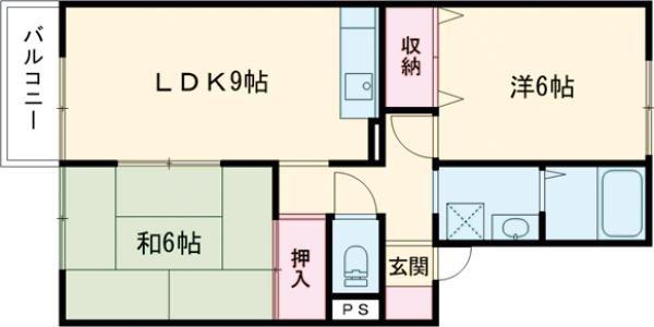 モノクローム古城(2LDK/1階)の間取り写真