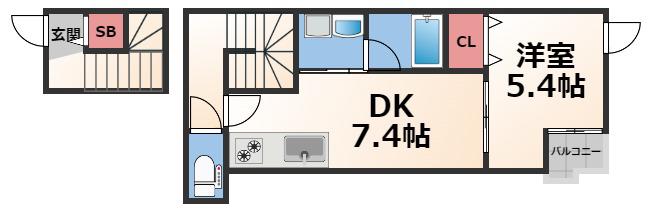 グランドソレイユ森河内(1DK/2階)の間取り写真