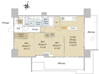 シティタワー駒沢大学ステーションコート レジデンス棟(3LDK/3階)の間取り写真