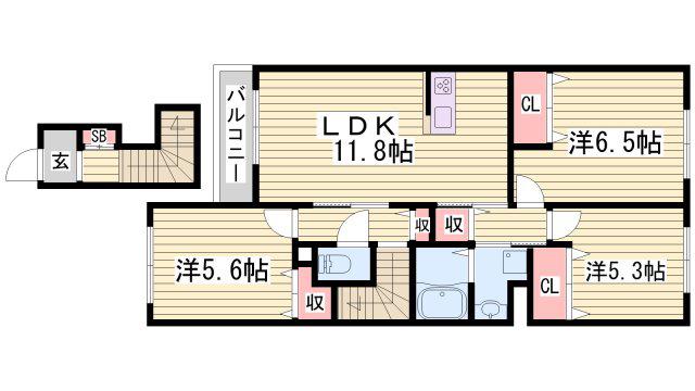 シャンティ夢前A(3LDK/2階)の間取り写真