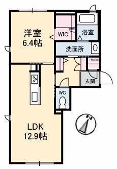 シャーメゾンタウン西阿知駅前A棟(1LDK/1階)の間取り写真