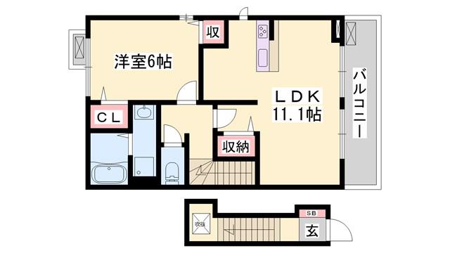 アンソレイエ飾磨 II番館(1LDK/2階)の間取り写真