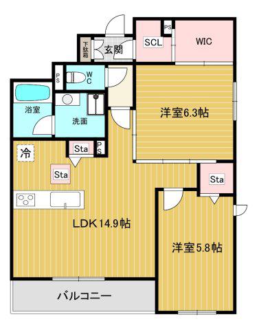 AZURE 天道町(2LDK/3階)の間取り写真