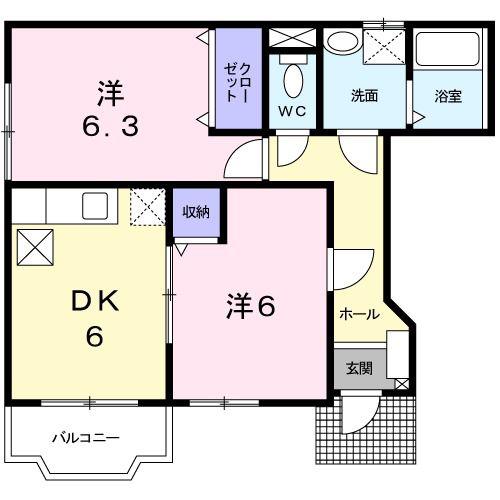 名鉄常滑線 寺本駅 徒歩9分 2階建 築23年(2DK/1階)の間取り写真