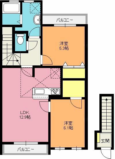 シャトーふじ参番館(2LDK/2階)の間取り写真