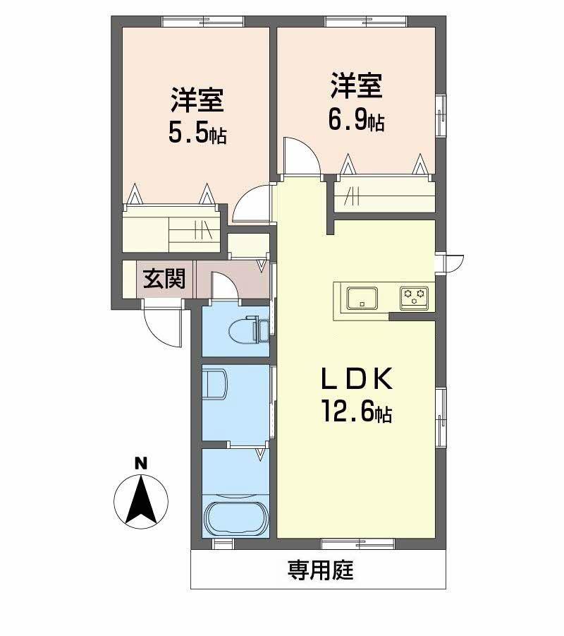 クレセオ森A棟(2LDK/1階)の間取り写真