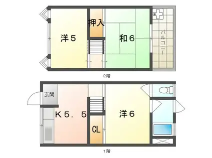 ＪＲ片町線 四条畷駅 徒歩10分 2階建 築50年(3K/1階)の間取り写真
