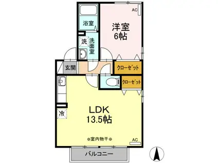 千歳山タウンハウスB棟(1LDK/2階)の間取り写真