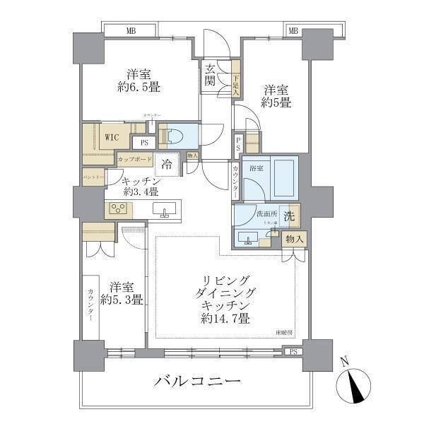 BRILLIA TOWER 聖蹟桜ヶ丘 BLOOMING RESIDE(3LDK/15階)の間取り写真