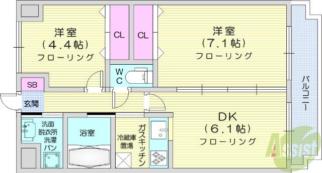 ツインプラザ幸(2DK/1階)の間取り写真