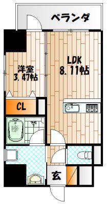 北九州モノレール 平和通駅 徒歩3分 11階建 築5年(1LDK/6階)の間取り写真