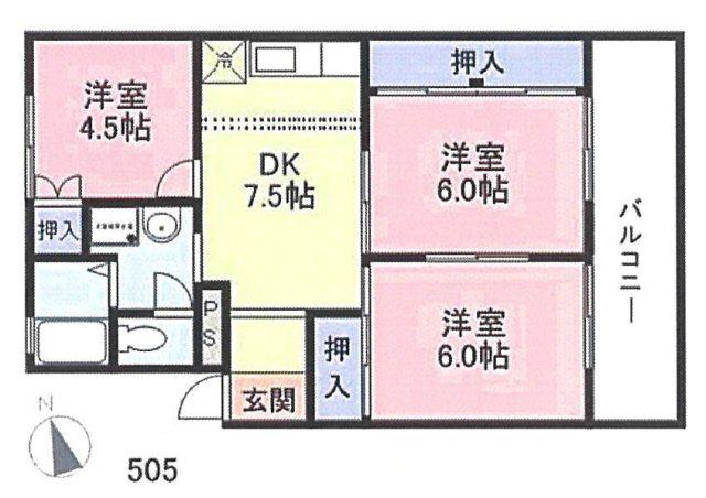 シャトー米子(3DK/4階)の間取り写真