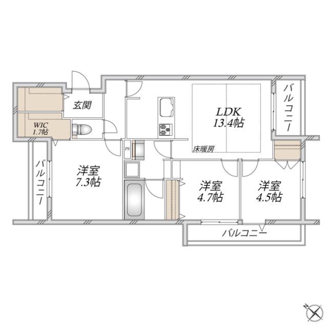 領家プライムコートI(3LDK/3階)の間取り写真