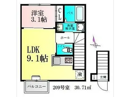 CLOUDNINE台原(1LDK/2階)の間取り写真