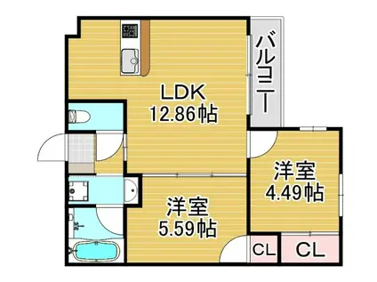 フェリスタ六本松南(2LDK/2階)の間取り写真