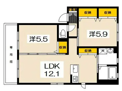 プリムヴェールA棟(2LDK/2階)の間取り写真