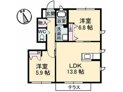 セントラル ヴィラッジュ B棟(2LDK/1階)の間取り写真