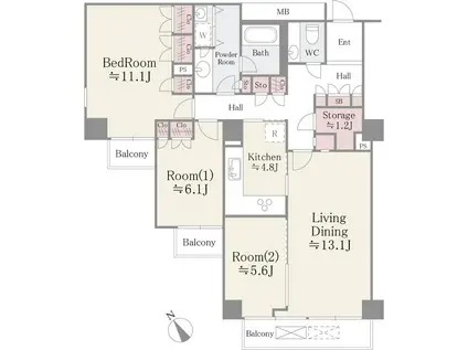 小石川パークタワー(3SLDK/7階)の間取り写真