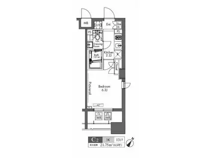 プラウドフラット三軒茶屋(1K/15階)の間取り写真