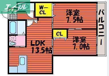 ラクール庭瀬(2LDK/2階)の間取り写真