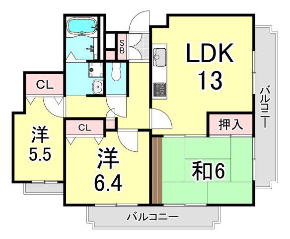 ガーデンフラッツ夙川(3LDK/2階)の間取り写真