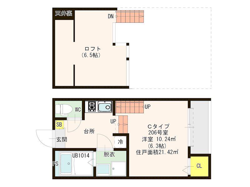 ハーモニーテラス馬出V(1K/2階)の間取り写真