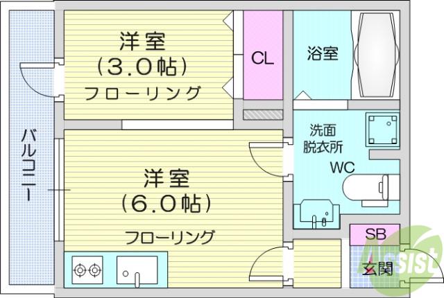 メリディアン国見壱番館(ワンルーム/2階)の間取り写真