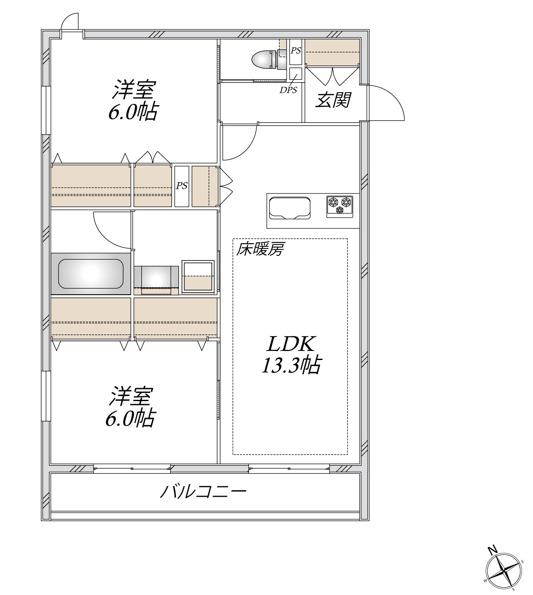 スカイメゾンYAWATA(2LDK/1階)の間取り写真