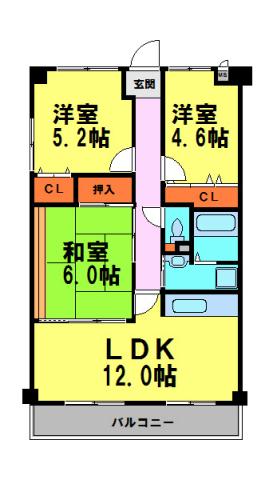 ソレアードうねの(3LDK/5階)の間取り写真