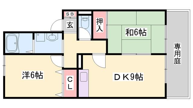 ハイカムール・山手(2DK/1階)の間取り写真