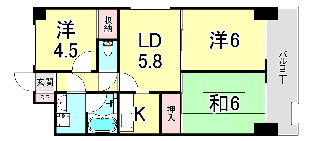 日宝アドニス塩屋(3LDK/6階)の間取り写真