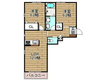 ヴィラソレーユ古曽部(2LDK/1階)の間取り写真