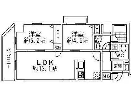ボヌール和泉 増築(2LDK/4階)の間取り写真