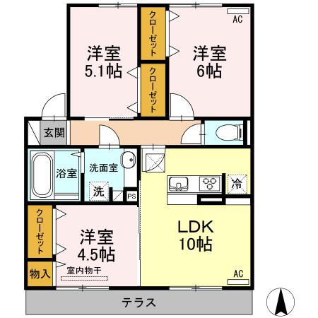グレース ソシア B棟(3LDK/1階)の間取り写真