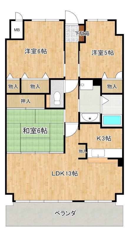 足立マンション(3LDK/3階)の間取り写真