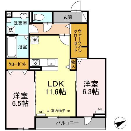 D-CHAMBRE 中川原(2LDK/3階)の間取り写真