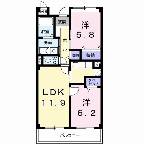 ボヌール発京(2LDK/2階)の間取り写真