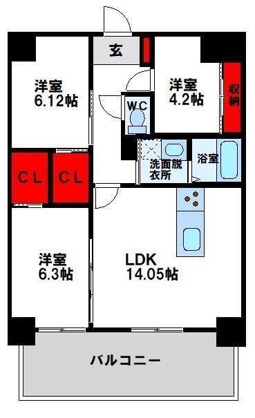 KSK南小倉コアプレイス(3LDK/6階)の間取り写真