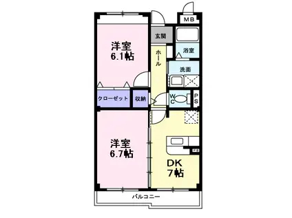 インヴィテボヌール2番館(2DK/1階)の間取り写真
