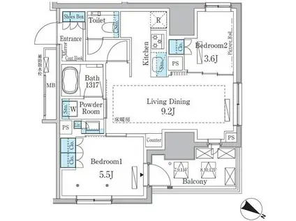 ラテスト白金台(2LDK/10階)の間取り写真